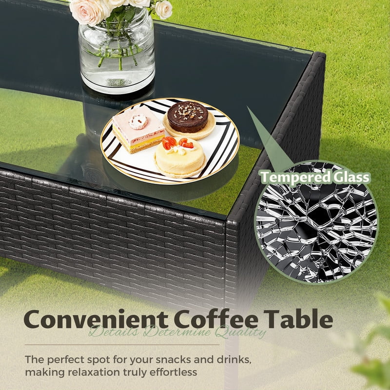 Vineego 4 4PCS Patio Furniture Set Outdoor Conversation Rattan Chairs with Cushion and Loveseat Glass Table for Garden Backyard Porch, Black/ Beige