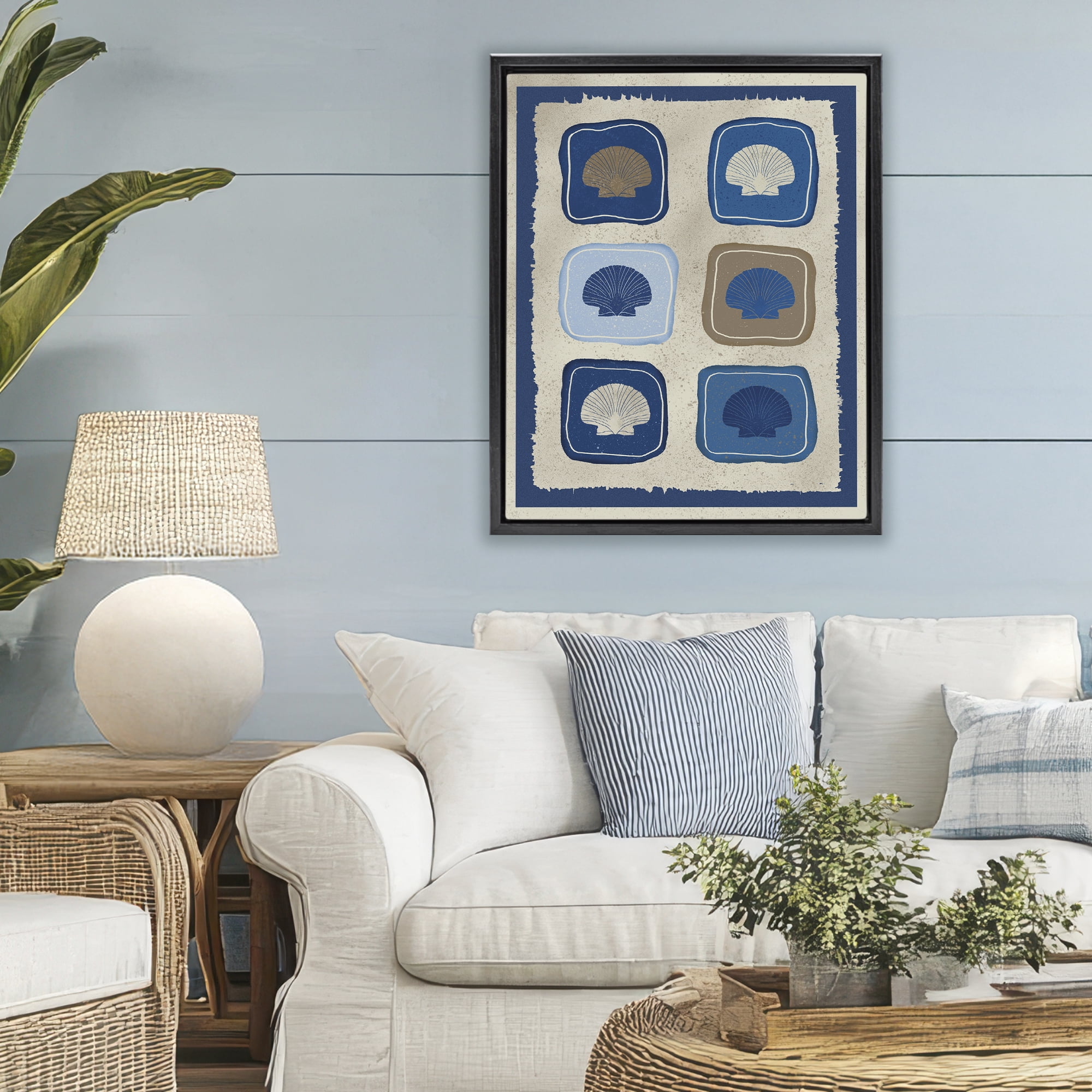 Stupell Industries Nautical Block Shells Black Framed Floater Canvas Wall Art, design by Julia Frost