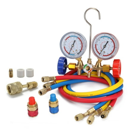 

Andoer 3 Way Refrigerant Gauge AC Diagnostic Manifold Freon Gauge Set for R134A R12 R22 R502 Refrigerants with Couplers and Acme Adapter