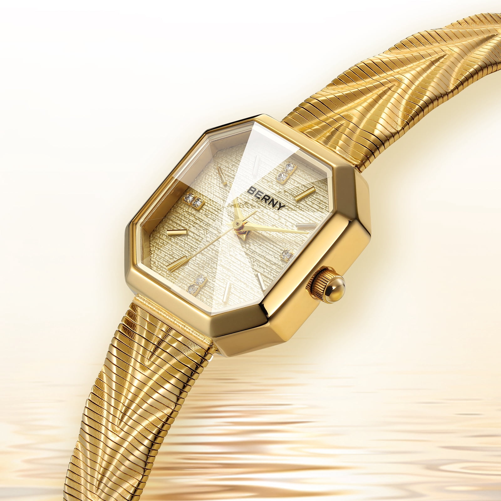 BERNY Small Gold Watches for Women, Dainty Luxury Diamond Dial, Stainless Steel Bracelet Watch, Fashion Ladies Analog Quartz Watch, Minimalist Waterproof Womens Wristwatch Gifts (Gold #1)