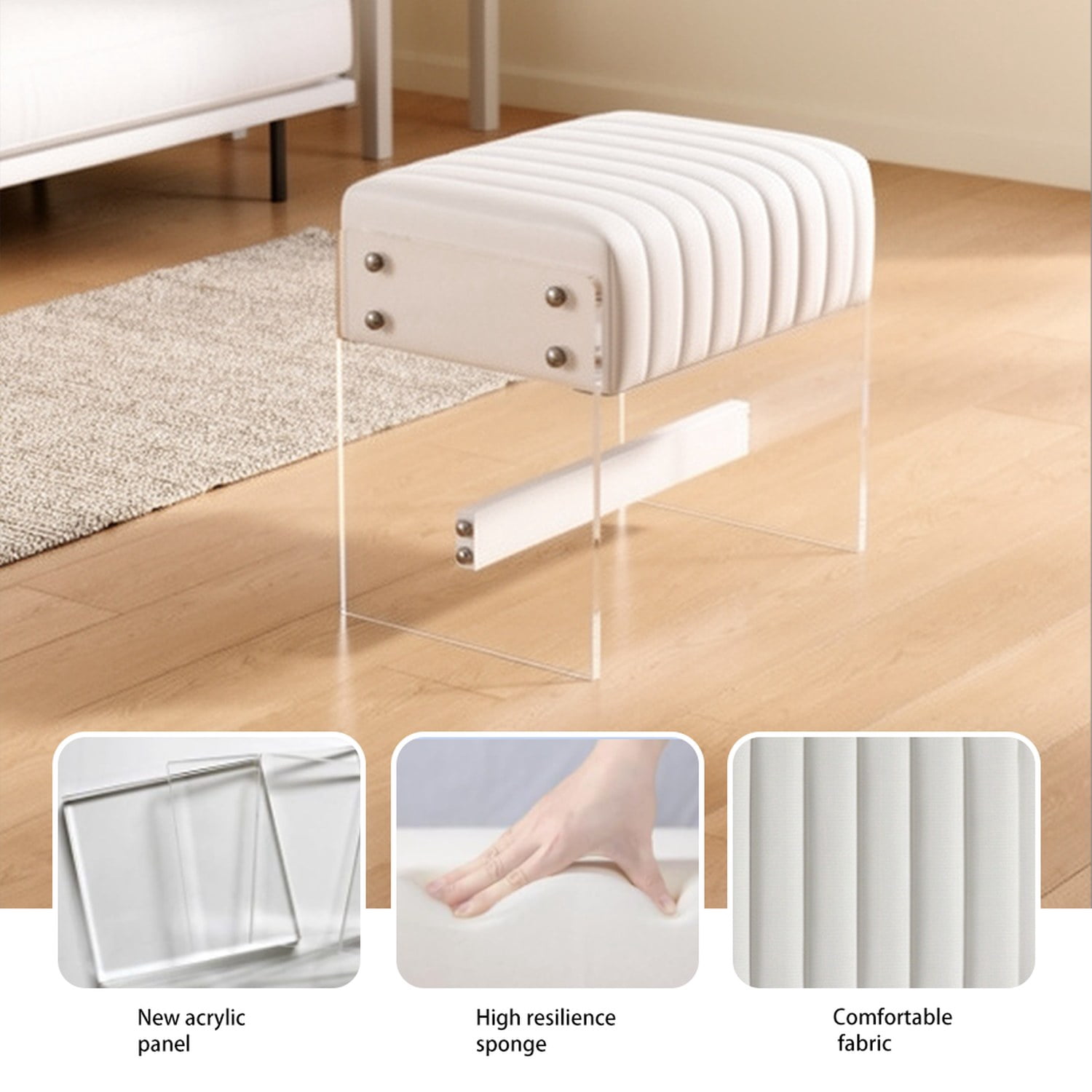 Modern Minimalist Dressing Stool, Decorated With White Pu Leather Surface, High-Density Sponge And Transparent Acrylic Legs, Suitable For Bedrooms, Entrances, And Living Rooms