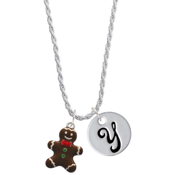 Delight Jewelry Enamel Gingerbread Boy Silvertone Script Initial Disc - Y - Charm Necklace, 20"+3"