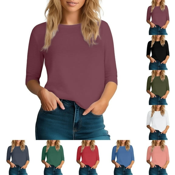 Slim 3/4 Sleeve T Shirts for Women Lightweight Casual Tee Crew Neck Top Summer Army Green L