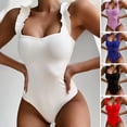 thumbnail image 1 of Fairnull Square Collar Backless Ribbed Women Monokini Ruffle Shoulder Straps Solid Color One-piece Bikini Beachwear, 1 of 7