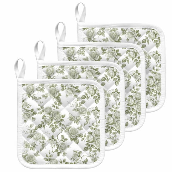 Sage Green Flower Pot Holders for Kitchen Heatproof Potholder, 4 Pack Vintage Country Rose Leaf Floral Hot Pads Multipurpose Oven Pads Cloth Potholders Trivet for Cooking and Baking