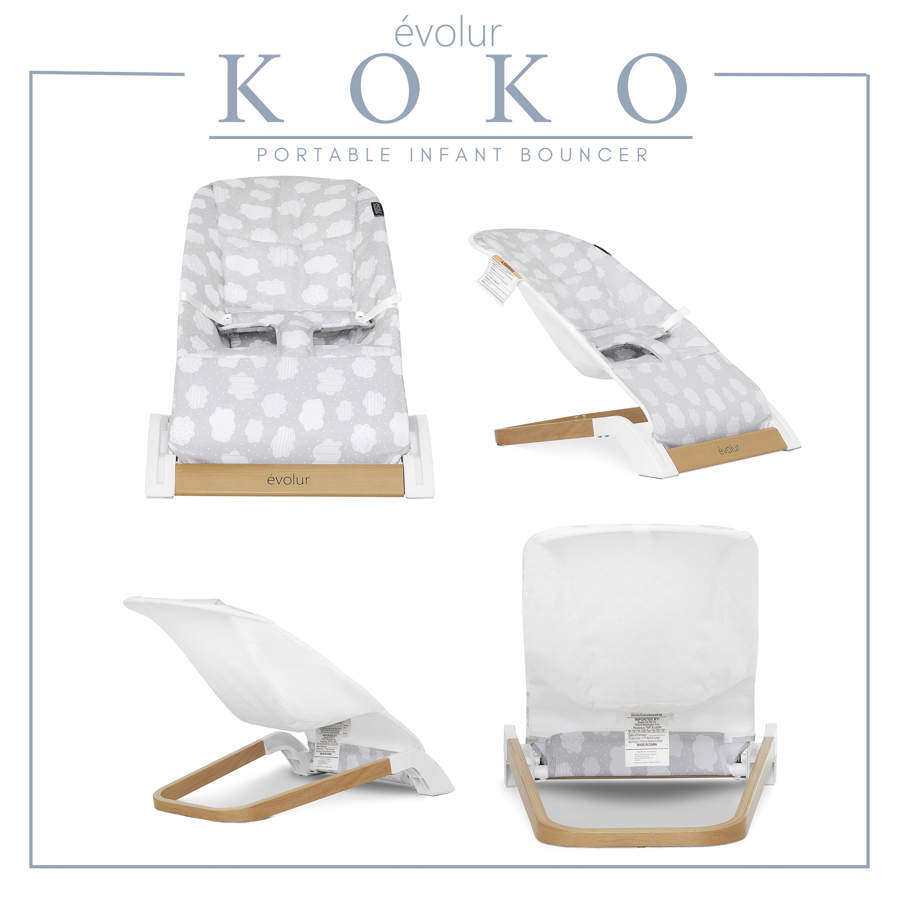 Evolur Koko Portable Infant Bouncer in Light Gray Breathable Fabric