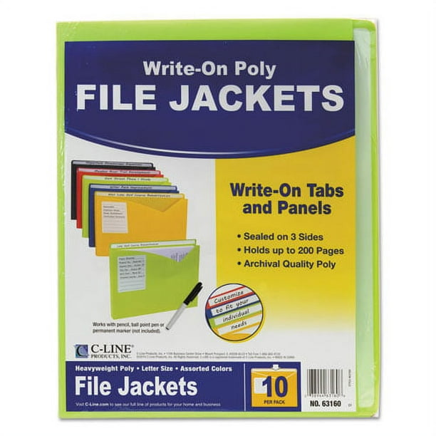 C-Line Write-On Poly File Jackets, Assorted Colors, 10 pack