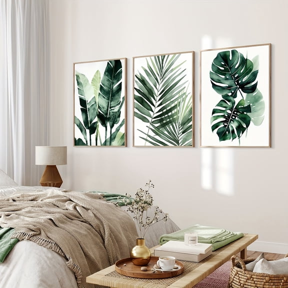 3pcs Tropical Plant Watercolor Wall Art Set - Palm & Monstera Leaves, Frameless Canvas Posters for Modern Home Decor - Perfect for Living Room, Bedroom, Office - Unique Gift Idea