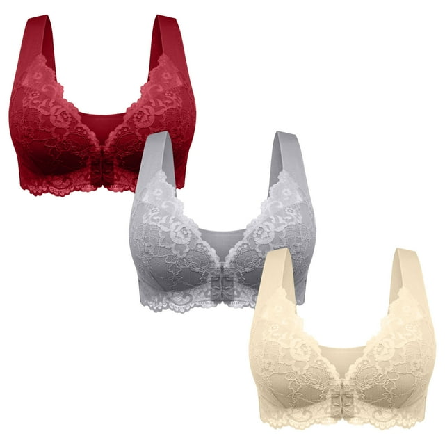 Timegard Bras for Women 3pc Seamless Plus Size Front Closure Smoothing Breathable Comfy Lace Bras