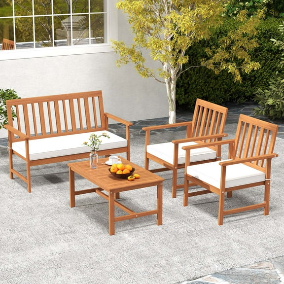 Costway 4 PCS Acacia Wood Furniture Set Coffee Table & 2 Armchairs with Seat Cushions