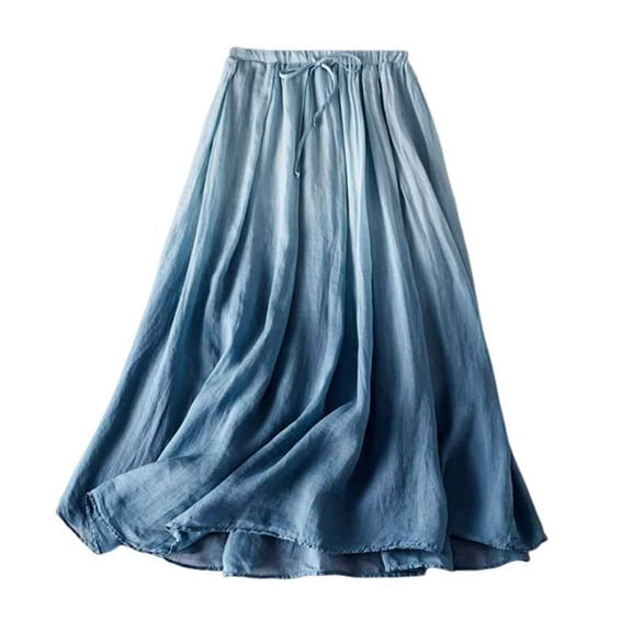 Women's Summer Cotton Linen Skirts Casual Drawstring A-Line Long Flowy Skirt Ombre Color Lightweight Beach Skirts