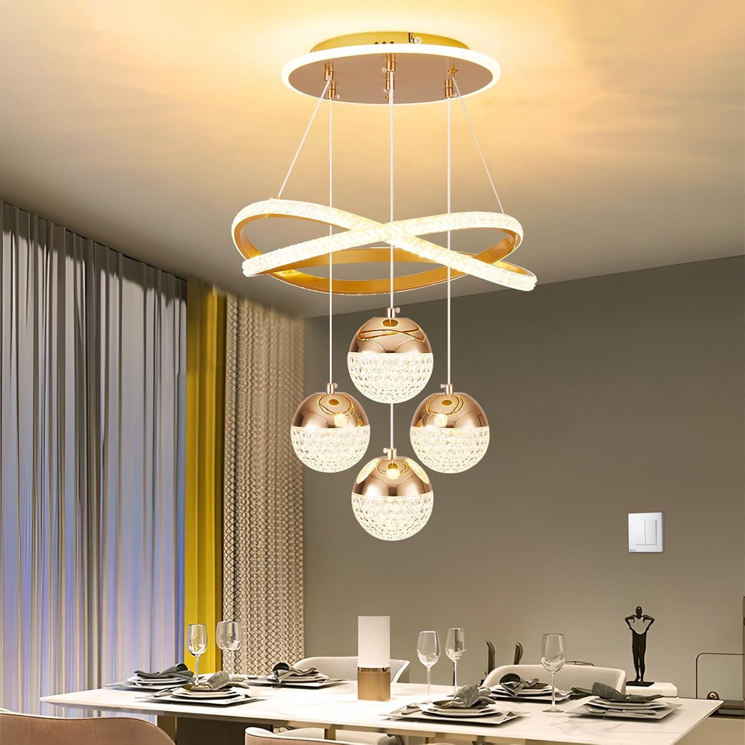 More Change Modern Gold LED Chandeliers, 3-Color Dimmable Pendant Light for Kitchen Island, Dining Room, Living Room, Contemporary Hanging Ceiling Light, Adjustable Height for Modern Home Decor