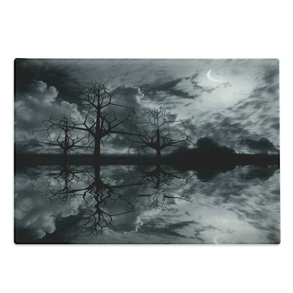 Landscape Cutting Board, 3D Graphic Fantasy Land at Night Cloudy Sky Moon Trees Water Reflection, Decorative Tempered Glass Cutting and Serving Board, Large Size, Black White Grey, by Ambesonne