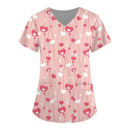 

Womans Holiday Scrub Tops Valentine Short Sleeve Vneck Heart Print Medical Scrub Shirts Stretch Workwear with Pockets