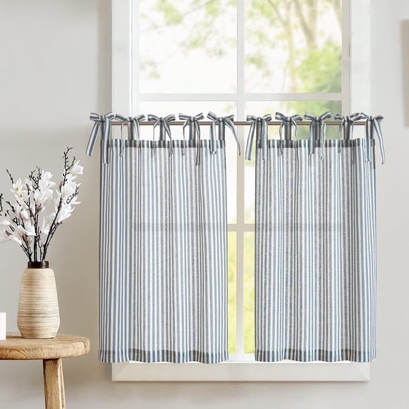 Cortinas de cocina Jinchan con lazo en la parte superior de lino, 36 cm de longitud, color azul, 2 paneles