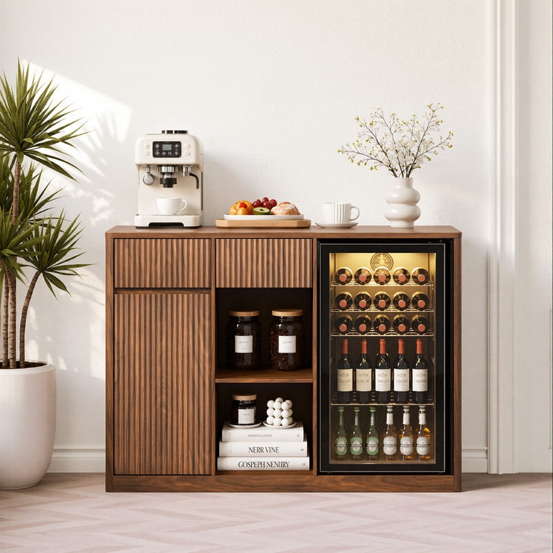 51.2"W Fluted-Door Kitchen Sideboard Buffet with Mini Fridge Nook, Freestanding Bar Wine Storage Cabinet with Charging Station