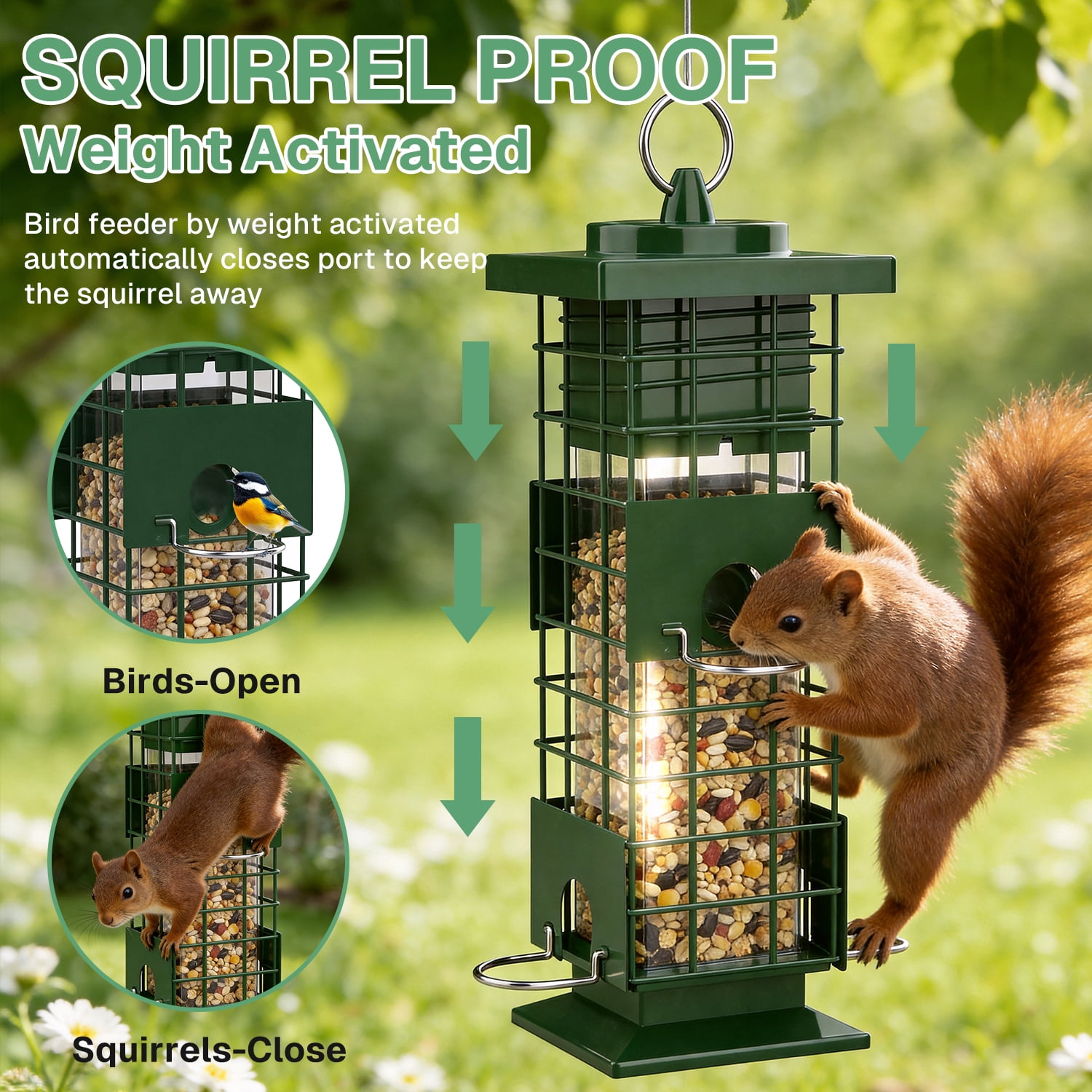 BN-LINK Squirrel Proof Bird Feeder, Metal Bird Feeder with 4 Ports, Chewing Proof& Rust-Resistant, 3 lb Capacity, Outdoor Hanging Birdfeeder for Wild birds,Green