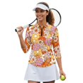 thumbnail image 2 of HUIACONG Retro Floral Print Women Golf Polo Shirts 3/4 Sleeve, Quarter Zip Golf Top for Golf, Tennis, Hiking, Running, Workout, 2 of 10