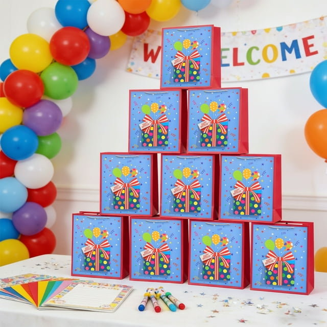 Bolsas de regalo de cumpleaños de papel de colores | Base reforzada resistente | 24 x 18 x 8,4 cm | Bolsas multicolores para refrigerios y fiestas | Decoraciones de cumpleaños | Almacenamiento