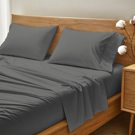 4-Piece Queen Bed Sheet Set - 100% Organic Cotton, Crisp Cooling Percale Weave, Soft Breathable & Eco-Friendly, Deep Pocket with Elastic - Dark Gray