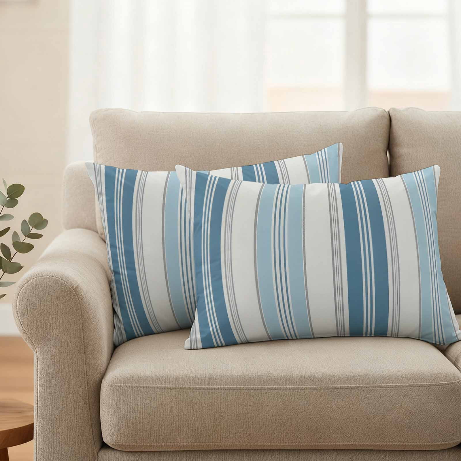 Blue Striped Outdoor Waterproof Pillow Covers, Modern Farmhouse Stripes Grey Decorative Rectangle Throw Pillowcase Sofa Cushion Sham for Patio/Couch/Chair, 20"x12" 2 Pack