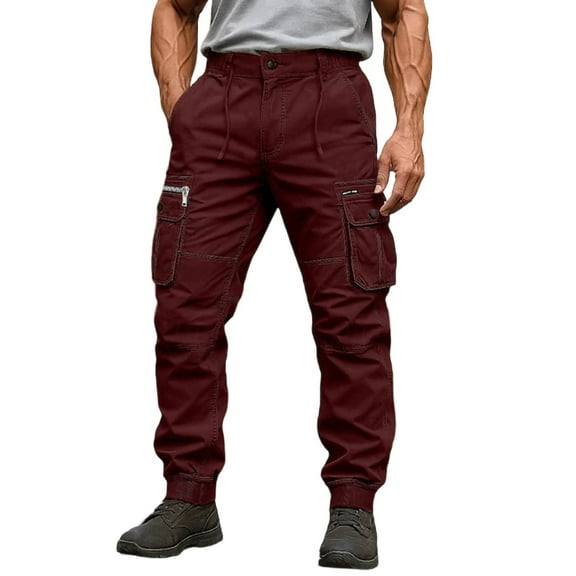 hoksml Men's Outdoor Hiking Cargo Joggers Solid Color Work Pants with Button Detail and Multiple Pockets Elastic Ankle Cuff