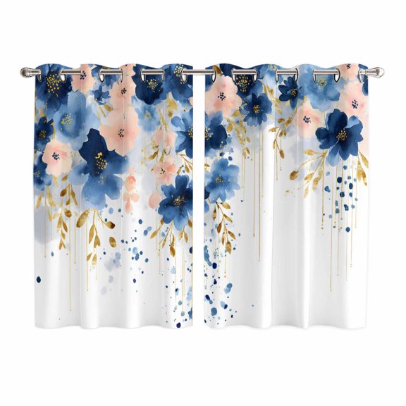 Navy Blue Spring Floral Kitchen Curtains Window Panels, Farmhouse Butterfly Insulated Window Treatment Curtain, Grommet Curtains for Bedroom/Living Room/Bathroom, 2 Piece 52"Wx72"L