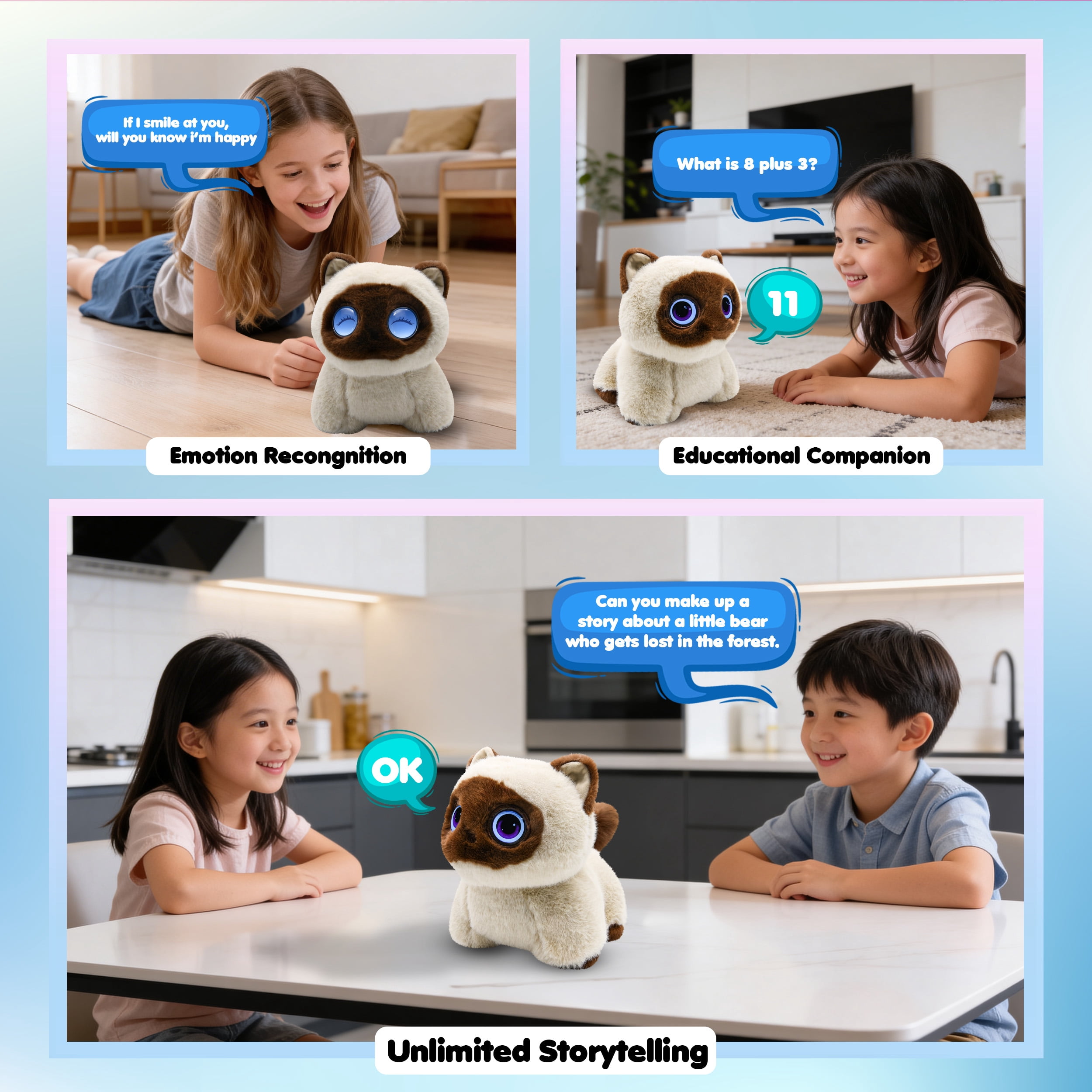 AI Pixie Paw Smart Interactive Plush Cat Voice Responsive Touch Activated Expressive Eyes AI Companion Stuffed Animal for Kids and Pet Lovers, Brown