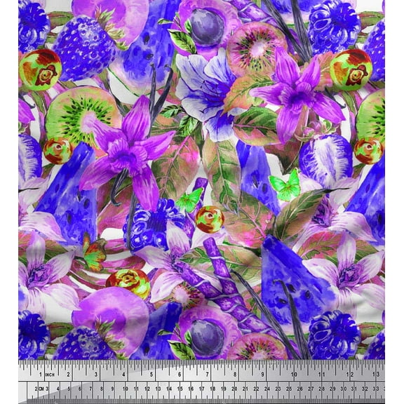 Soimoi Blue Cotton Duck Fabric Floral,Strawberry & Watermelon Fruits Print Fabric by Yard 42 Inch Wide