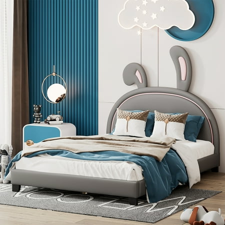 CASEMIOL Full Bed Frames with Headboard for Kids Girls Boys  Kids Platform Bed Frame with Rabbit Shape  No Noise  No Spring Box Needed  Easy Assembly Upholstered Leather + Wood  Gray