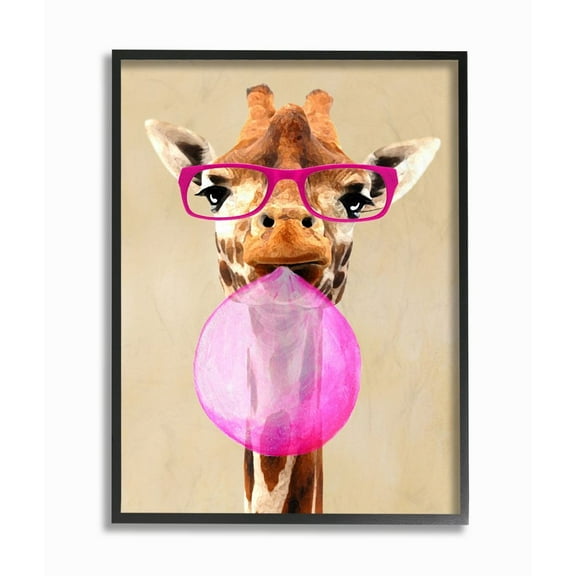 The Stupell Home Decor Collection Giraffe With Bubblegum and Pink Glasses Framed Giclee Texturized Art