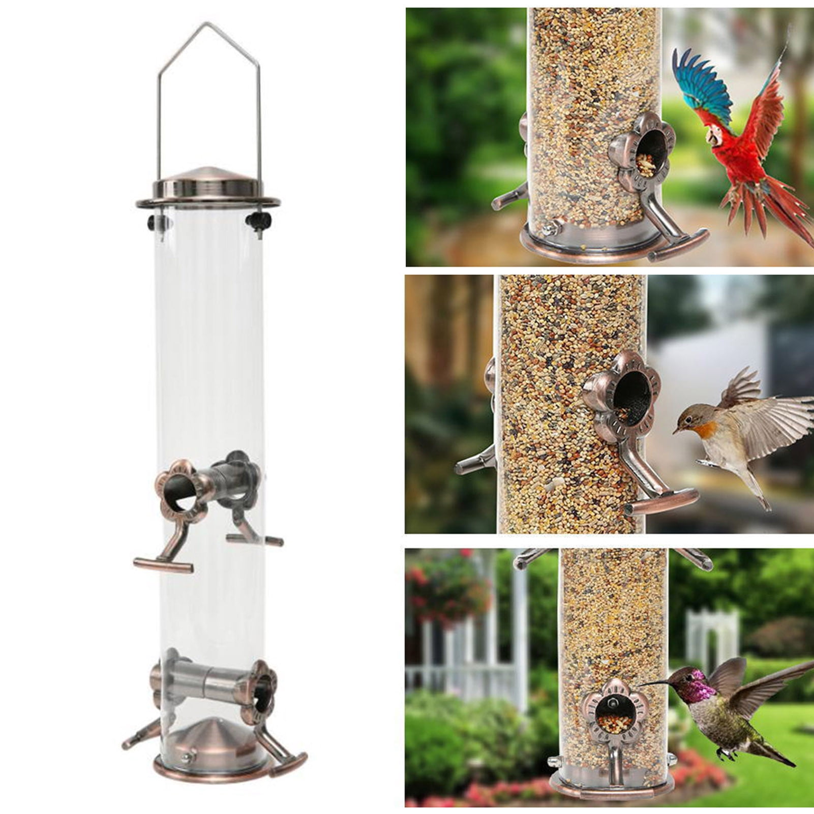 Opvise Outdoor Hanging Metal Bird Feeder Four Ports Large Capacity Clear Visible Weather-proof Waterproof Yard Garden Bird Feeding Device transparent