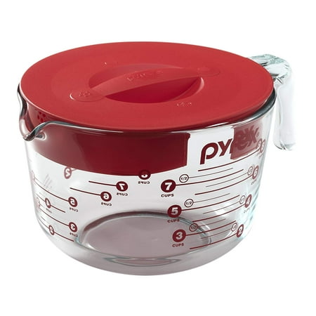 Lid Includes Measuring Prepware 8-Cup Glass Measuring Cup with Lid, Includes (1) 8-Cup Glass Measuring Cup with Red Lid and Graphics By Pyrex ()