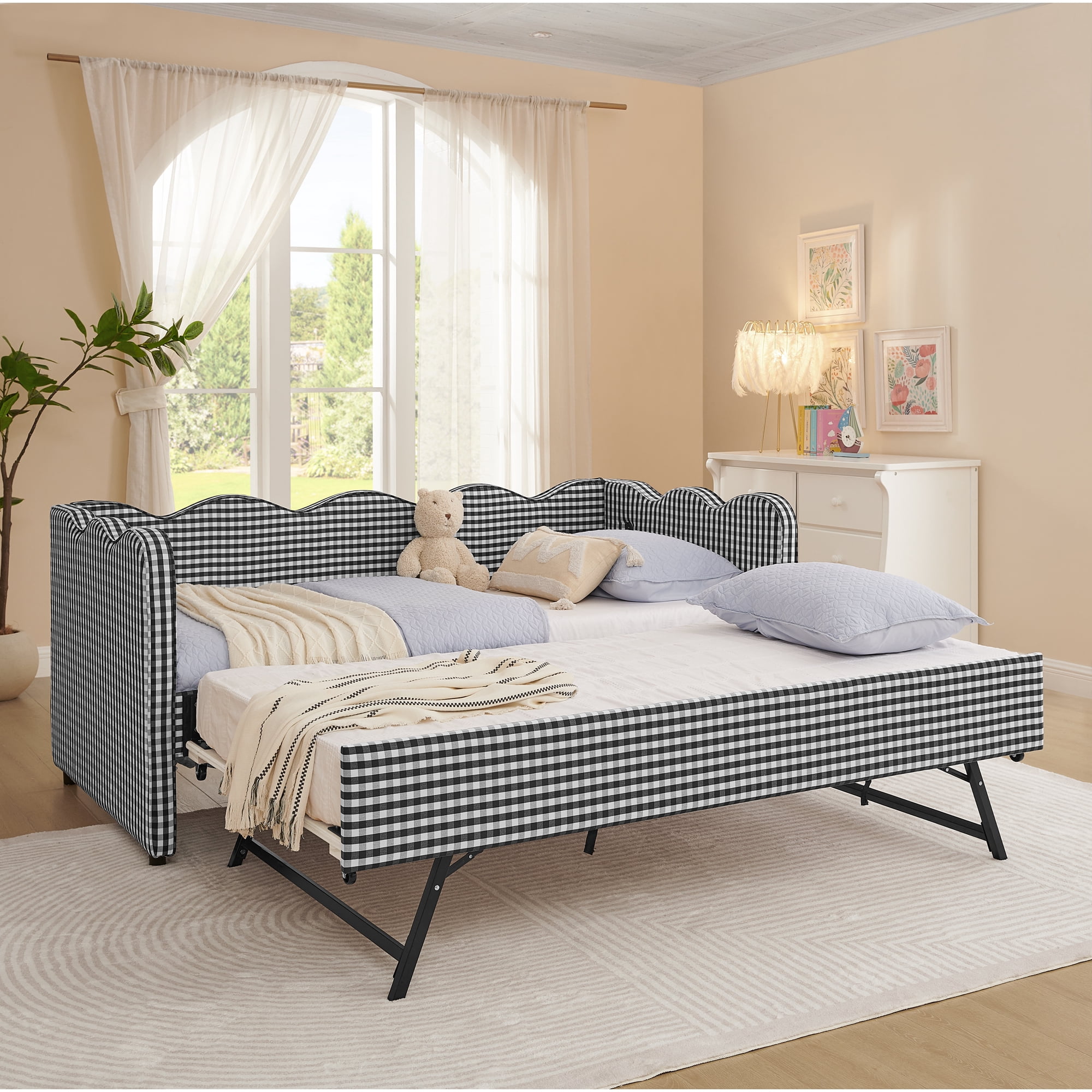 Leumius Twin Size Gingham Daybed with Pop Up Trundle,Modern Linen Daybed with USB Ports and Adorable Wave Shaped,Upholstered Day Bed Fram for Living Room/Bedroom/Guest Room,Black
