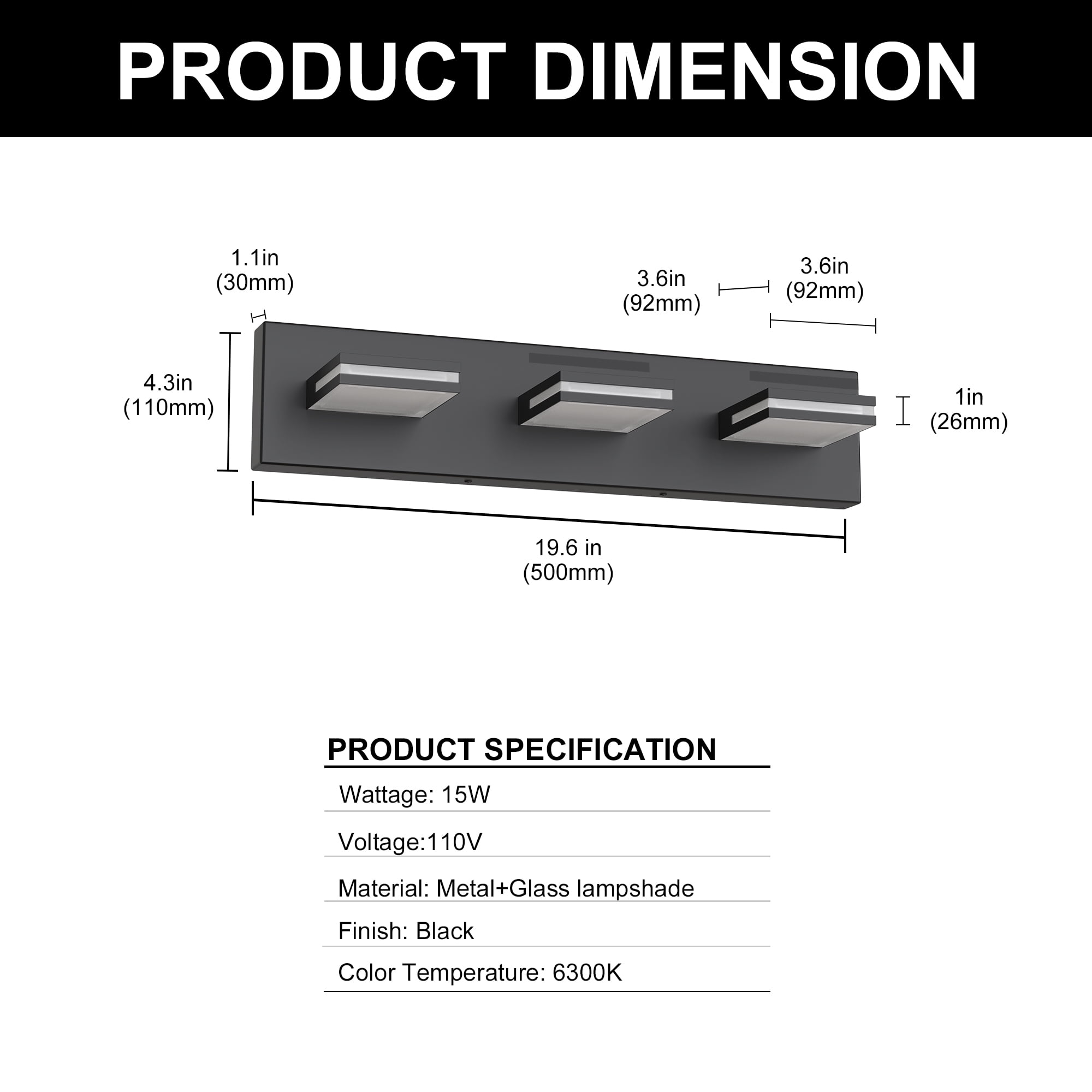 YANSUN 20 in 3-Light LED Vanity Light Bar, 15W 754LM Cool White 6500K Modern Fixture for Bathroom Mirror