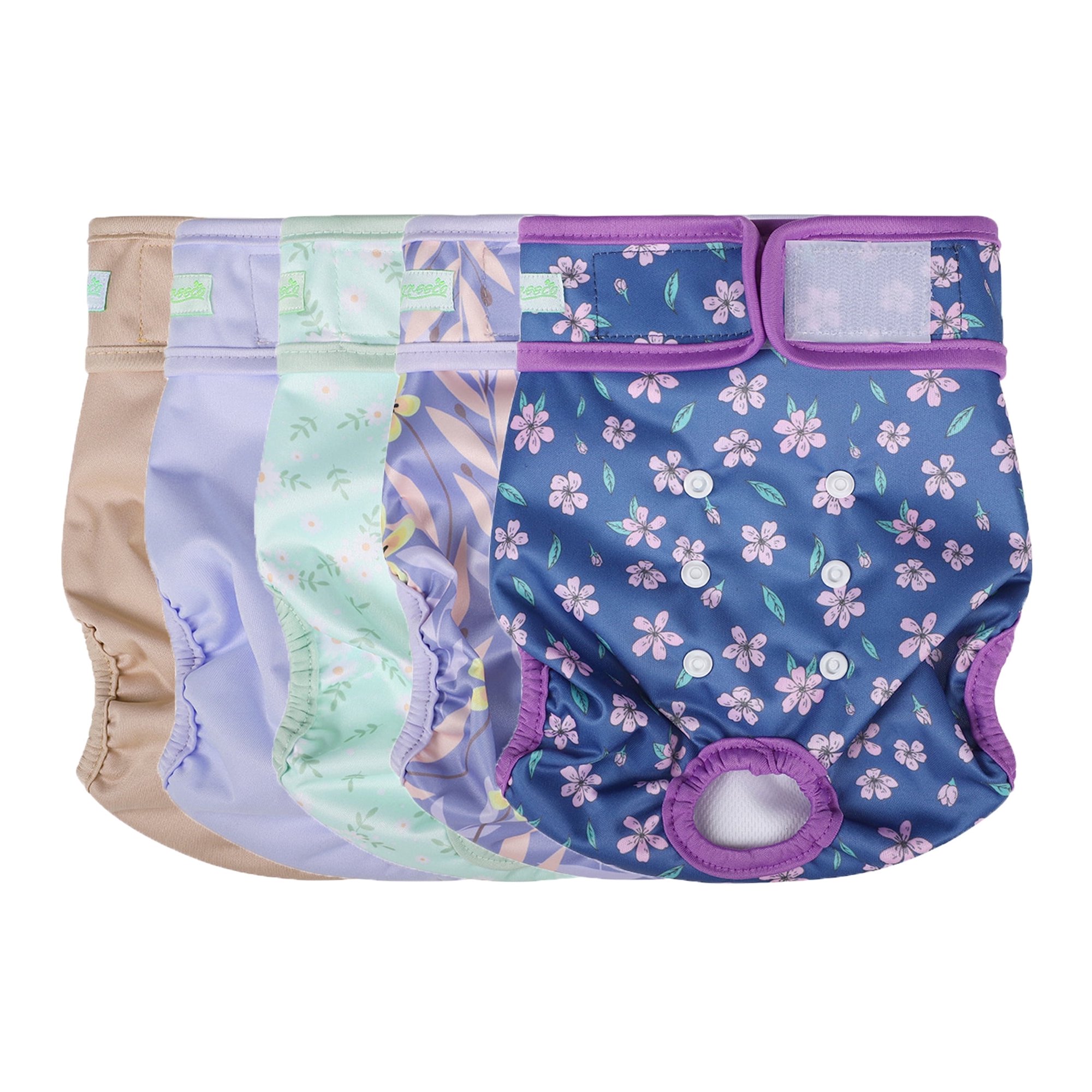 Wegreeco Pack of 5 Reusable Dog Diapers Female, Washable Premium Female Doggie Diapers, Super-Absorbent Dog Wraps,Purple Flowers,S