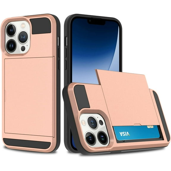 Compatible iPhone 14 Pro Max Case Wallet Case with Card Holder Hard PC Soft TPU Bumper Anti-Scratch Anti-Drop Protective Slim Card Slot Cover for iPhone 14 Pro Max 6.7 Inch-Rose Gold