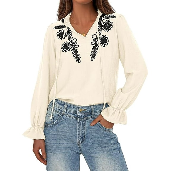 FreshPretty Womens Tops Dressy Casual Fall Boho V Neck Ruffle Long Sleeve Shirts Floral Embroidered Work Business Blouses