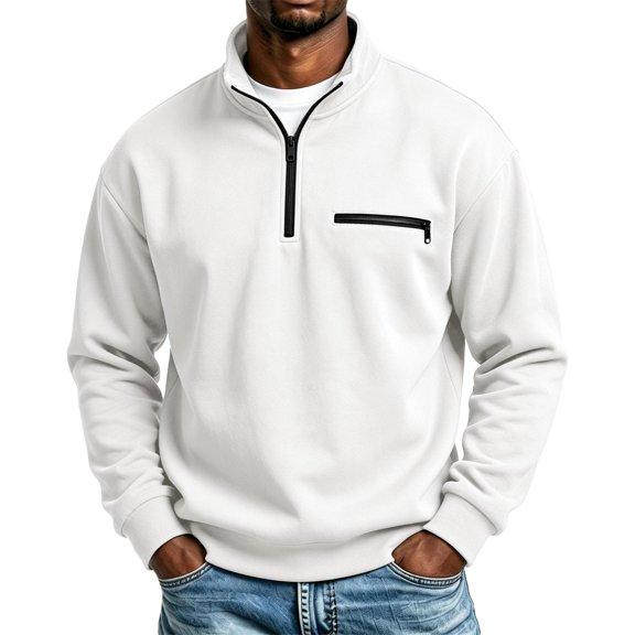 Hsovts Men Quarter Zip Stand Collar Pullover Sweatshirt Soft Fleece Sweatshirts Long Sleeve Functional Zipper Pocket Sweatshirt White M