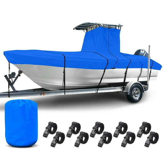 NEH T-Top Boat Cover 17-19ft, Thick Heavy Duty Fabric, Fade-Proof, Rip Resistant, Waterproof, Trailerable, Hard Top Center Console Cover, Pacific Blue