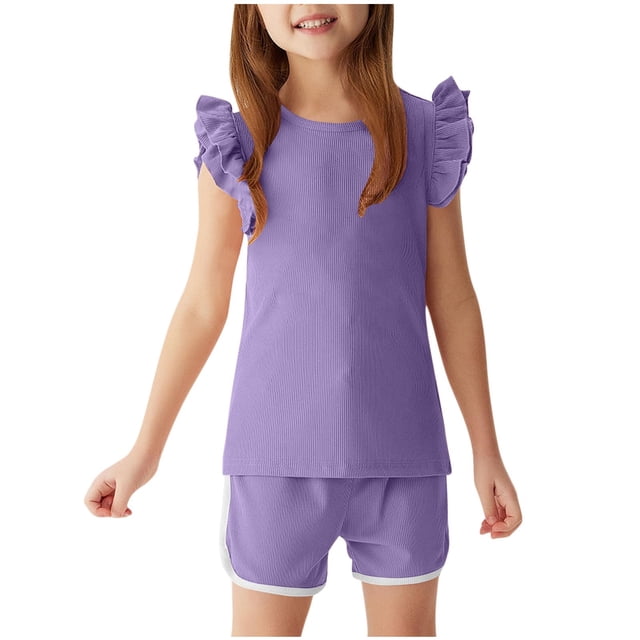Mgmyaa Girls Summer Sets Crew Neck Solid Color Ribbed Flutter Sleeve Short Sleeve Blouses and Elastic Waist Shorts Two-Piece Set 1-6 Years