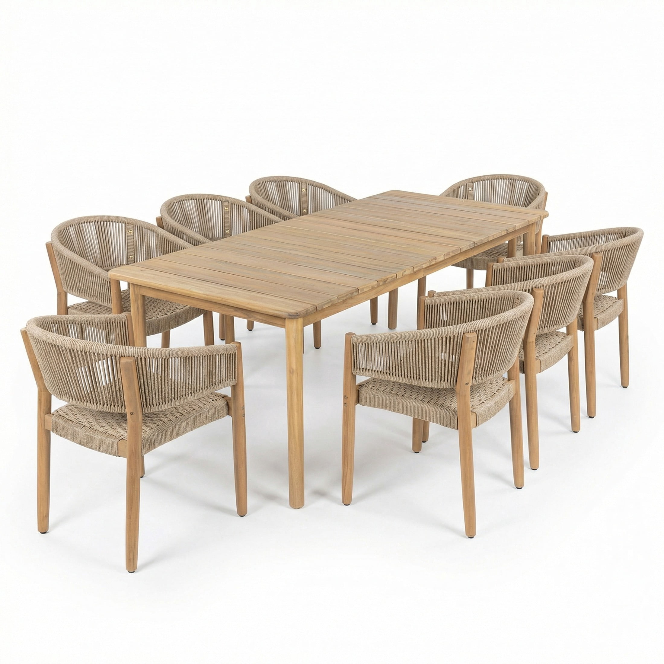 Christopher Knight Home 9-Piece Boho Outdoor Wood Dining Set, 79" Table with Light Brown Rope Chairs
