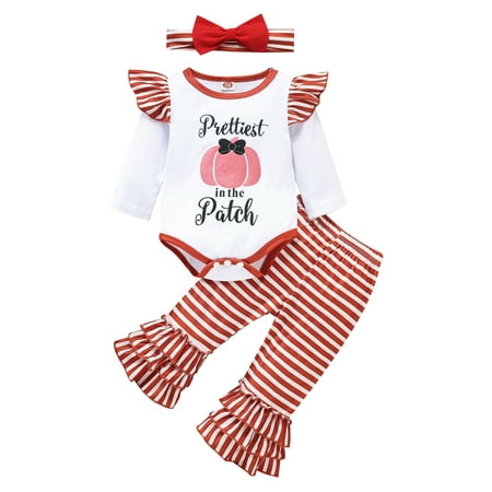 

BrilliantMe Newborn Baby Girl Long Sleeve Cotton Bodysuit Tops Striped Flared Pant Headband 3PCS Halloween Clothes Set White 0-3 Months