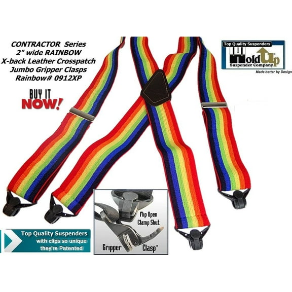 Holdup brand wide Rainbow of Color X-back Suspenders with USA Patented Gripper Clasps