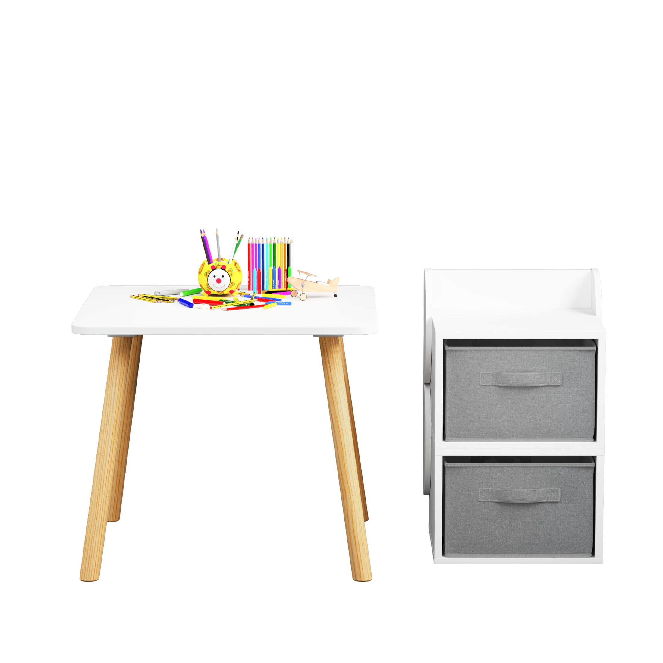 Noble House Lornic Scandi Kids Play Table and Chair Set, 3-Piece Toddler Activity Set with Storage Drawers, White & Natural