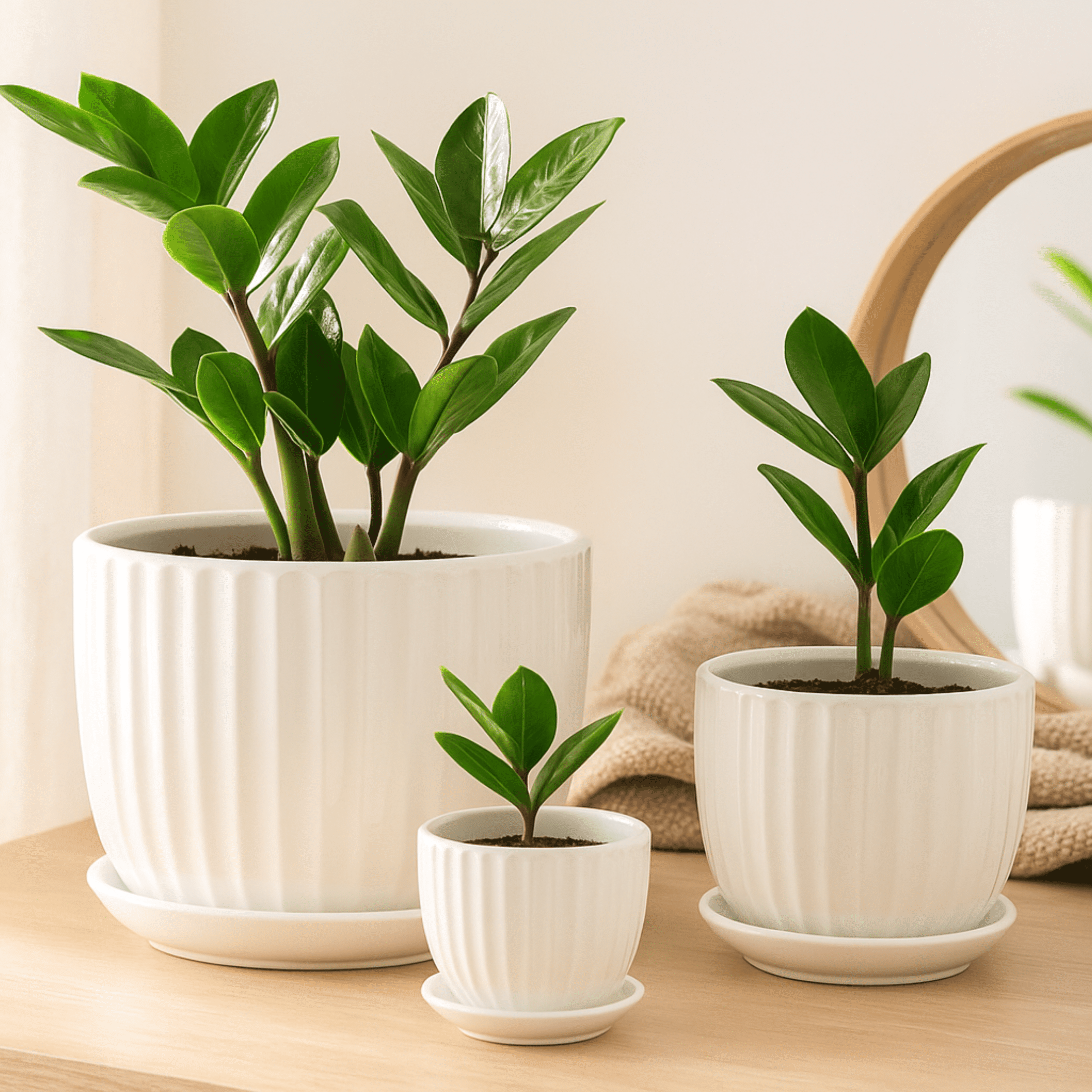 3-Piece White Ceramic Planter Pot Set with Vertical Fluted Design & Matching Saucers