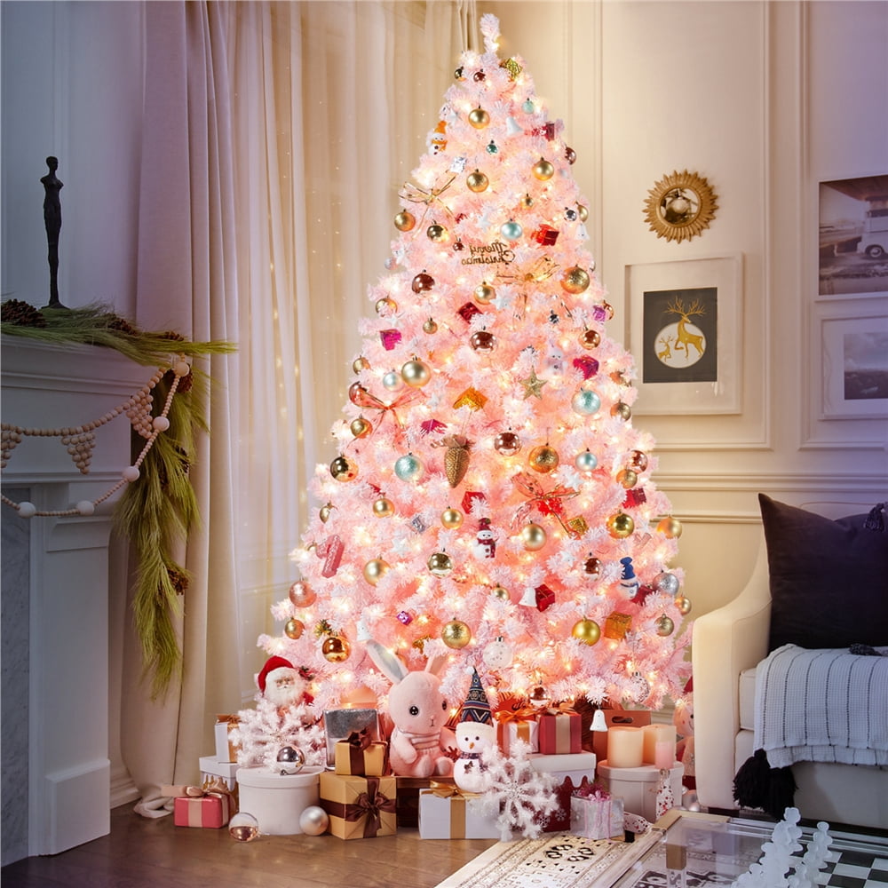 Renwick Clear Prelit Incandescent Pink Snow Flocked Spruce Decorative Artificial Christmas Tree, 7.5'
