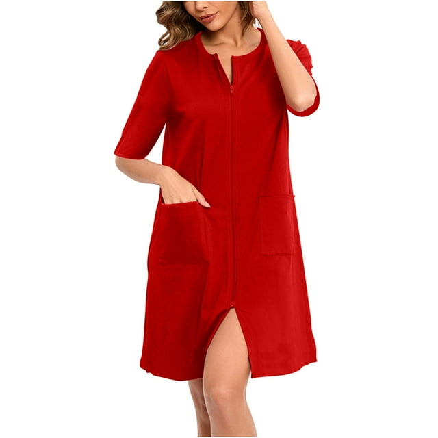 KIHOUT Robe à Fermeture Éclair pour Femmes Manches 3/4 Robes de Maison au-Dessus du Genou Nuisette Légère Courte avec Poches