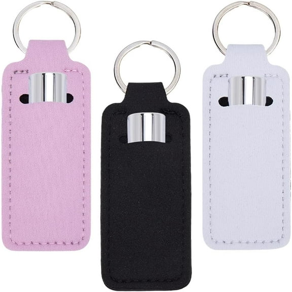 3Pcs 3 Styles Black Chapstick Holder Lip Balm Keychain Pouch Colorful Rectangle Neoprene Printed Rubber Lipstick Lip Gloss Case Sleeve Holder for Women Travel Makeup Storage Bag