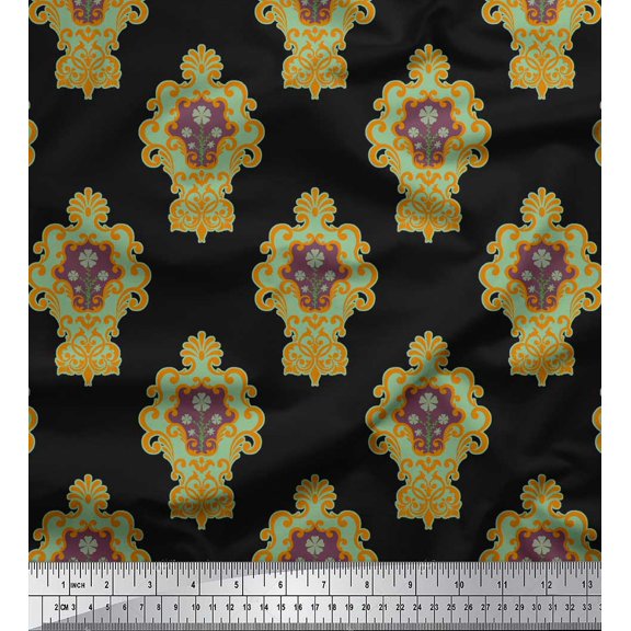 Soimoi Black Cotton Duck Fabric Floral Damask Print Sewing Fabric Yard 42 Inch Wide